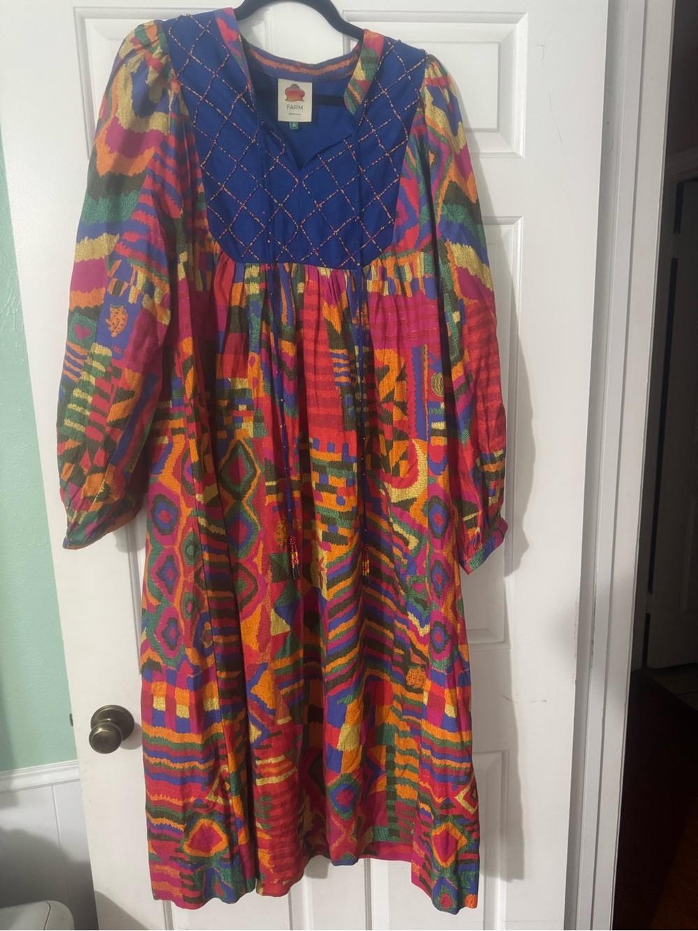 FARM Rio Multicolor Patchwork Midi Dress with Blue Embroidered Yoke